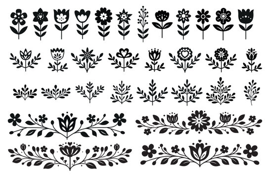 Black floral folk elements set in Scandinavian style. Hand drawn decorative flowers and branches, minimal hygge silhouettes for spring and Easter design, folk art ornaments and borders.