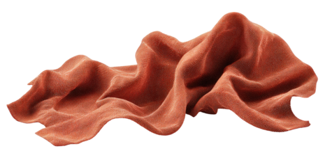 A flowing, textured cloth in a muted terracotta hue, rendered against a transparent black background
