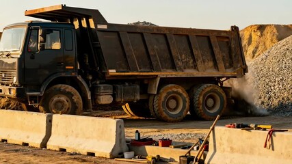 Medium shot of a heavyduty dump truck parked on a construction site ready for material transport and rental services.