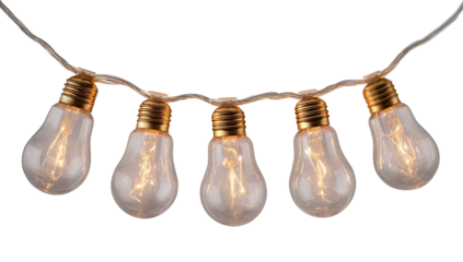A string of clear incandescent light bulbs against a black backdrop, gently curved