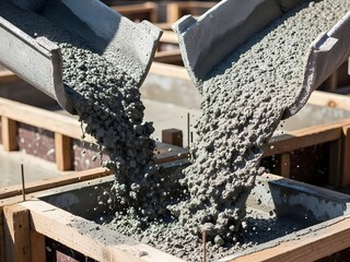 Concrete being poured into wooden framework on a construction site