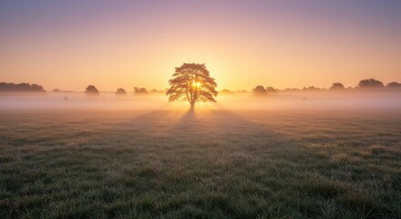 Solitary tree stands against brilliant sunrise illuminating low-lying ground mist in a grassy field