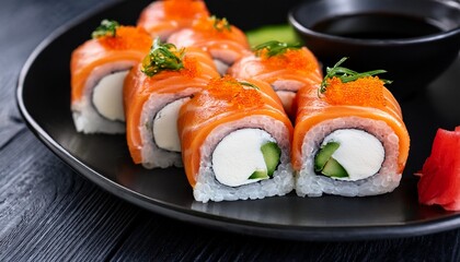 A Variety Of Fresh Sushi Rolls With Salmon Cream Cheese And Vegetables Served On A Black Plate For Delicious Japanese Cuisine Experience
