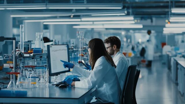 Medium shot of scientists working with CRISPR technology in a lab editing plant DNA to improve resilience against environmental stress and diseases.
