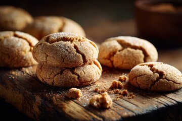 Soft ginger cookies with crackled tops on a rustic wooden board, warm spice aroma