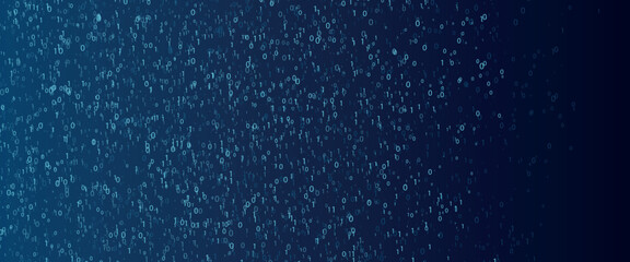 Obraz premium Binary code rain background in blue. Abstract matrix effect with flowing numbers 0 and 1. Futuristic tech, data stream, cyber security, computer software and digital system design.