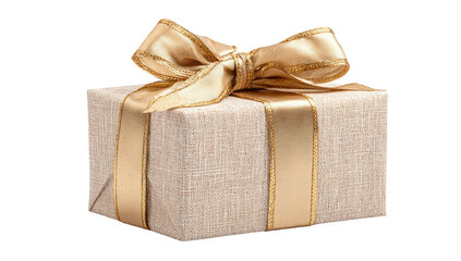 A neatly wrapped present adorned with a golden ribbon and bow. The box is square