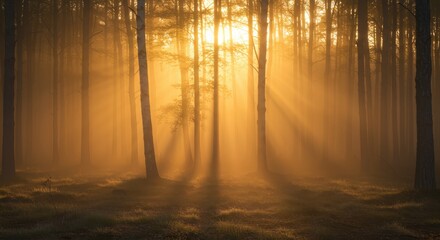 Brilliant sunlight streams through tall trees illuminating forest mist at dawn
