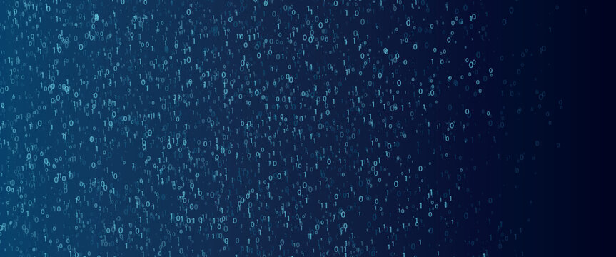 Binary code rain background in blue. Abstract matrix effect with flowing numbers 0 and 1. Futuristic tech, data stream, cyber security, computer software and digital system design.