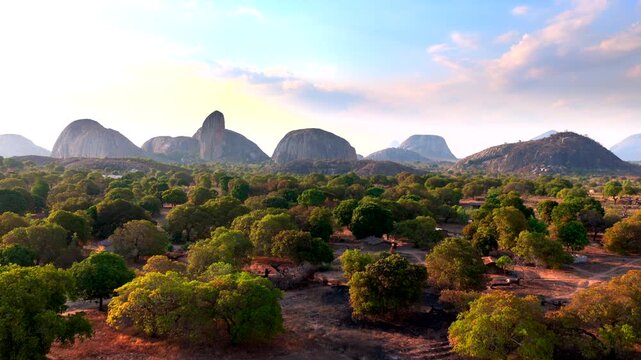 Sunset Drone Shot of Inselbergs Near Nampula in Nampula Province, Mozambique
