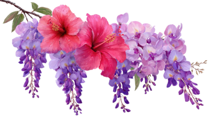 A vibrant floral arrangement featuring hibiscus and wisteria on a dark background