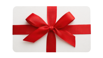 Close-up of a white rectangular card with a vibrant red bow and ribbon, perfect for gifting