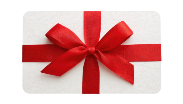 Close-up of a white rectangular card with a vibrant red bow and ribbon, perfect for gifting - Powered by Adobe
