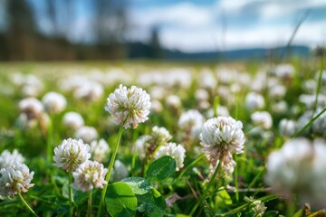 Obraz premium Spring field blanketed with white clover blooms and dewy petals