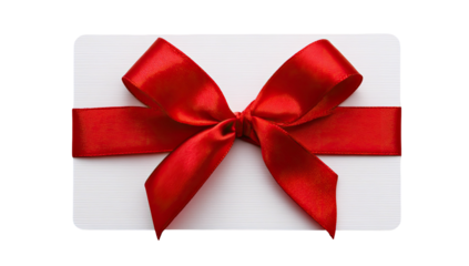 A white rectangular card, elegantly wrapped with a vibrant, glossy red satin ribbon tied into a bow