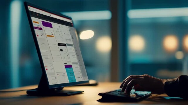 Medium shot capturing dynamic user interaction with a customizable search portal interface emphasizing accessibility features and smooth usability in various lighting modes.