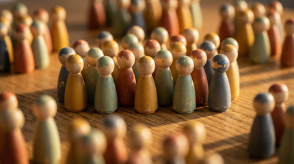 Crowd of vintage painted wooden peg dolls standing together representing community and diversity