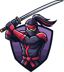 Bold ninja gripping katana sword horizontally with intense glare, purple ponytail and red accents in purple shield emblem, striking cartoon vector gaming logo © Gian