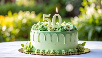 Green 50th Birthday Cake with Floral Topper and Candle for Celebration, Milestone, and Elegant Party Visuals