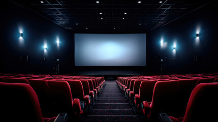 Fototapeta premium Empty cinema auditorium with red seats and blank screen evoking anticipation and calm mood