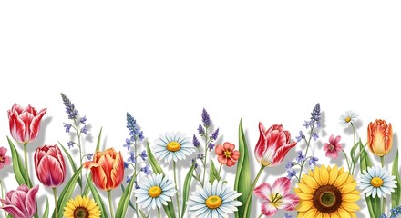 Vibrant watercolor floral border with tulips daisies and sunflowers