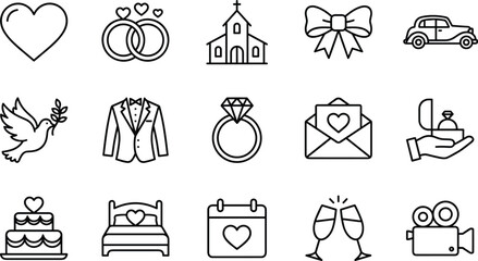 Outline wedding and love icons set with rings church heart gift car celebration symbols for marriage ceremony and romantic design © Mahbub