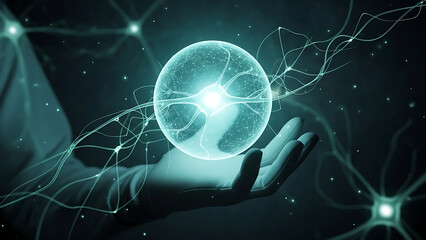 Hand holding a glowing globe amidst neural networks