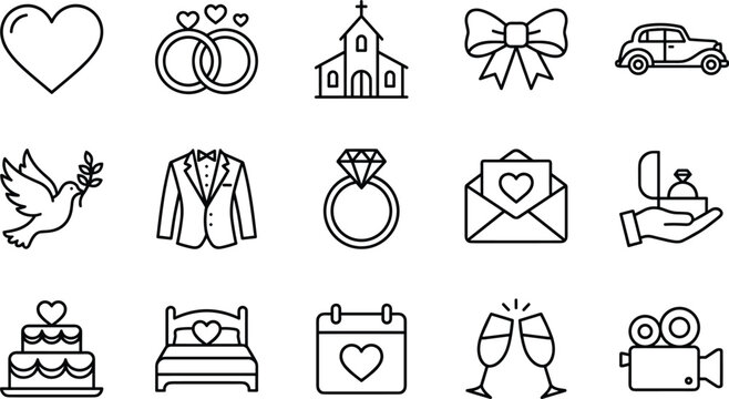 Outline wedding and love icons set with rings church heart gift car celebration symbols for marriage ceremony and romantic design