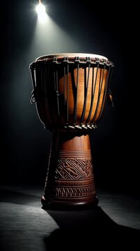 Close-up of a traditional djembe drum with warm orange body, black leather head, braided ropes, and intricate etched patterns on terracotta base. Dramatic side lighting on black background