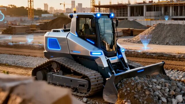 Medium shot of a selfdriving bulldozer efficiently grading a spacious construction site highlighting smart technology streamlining urban development.
