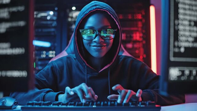 Woman hacker typing on keyboard in cyberpunk setup. Closeup portrait with neon green glow from screens. Futuristic digital coding and programming concept in cinematic footage.