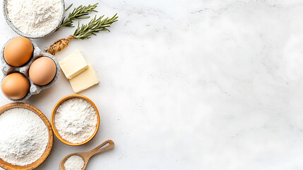 Fresh ingredients for baking include flour, eggs, butter, and herbs, creating delightful culinary experience