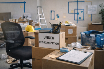 Biuro w trakcie reorganizacji z kartonami, dokumentami i pustym stanowiskiem pracy