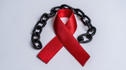 A red awareness ribbon is intertwined with a black chain, symbolizing the fight against AIDS and the struggle for freedom and support.