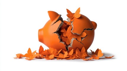 A shattered orange piggy bank surrounded by vibrant butterflies, symbolizing transformation and freedom from financial constraints.