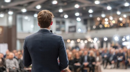 A speaker addresses an engaged audience in a well-lit venue, conveying important ideas in a professional setting.
