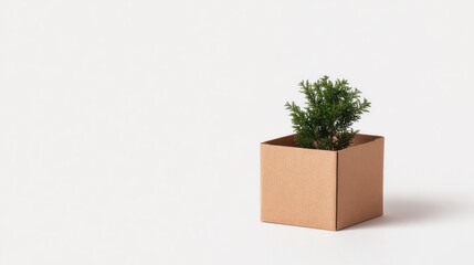 A small green plant grows in a minimalist cardboard pot, symbolizing simplicity and eco-friendliness.