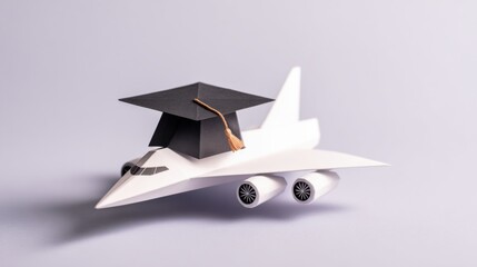 A model airplane with a graduation cap, symbolizing achievement and education, set against a light background.