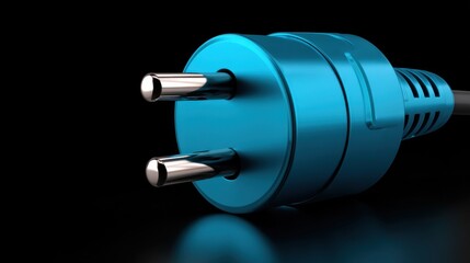 A close-up image of a blue electric plug against a dark background, highlighting its metallic pins and sleek design.