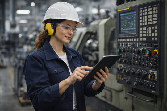 Inżynierka obsługująca panel sterowania maszyny przemysłowej z tabletem w fabryce