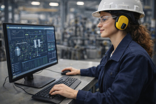 Inżynierka pracująca przy komputerze z oprogramowaniem technicznym w hali produkcyjnej