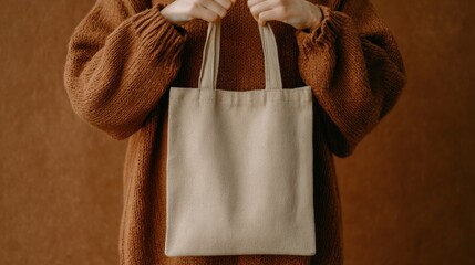 A person holds a simple beige tote bag while wearing a cozy brown sweater against a warm, earthy background.