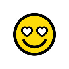 A smiling yellow face with heart-shaped eyes, set against a stark black backdrop