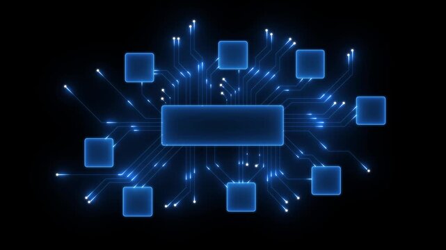 A I agents box neon network digital intelligence connections artificial intelligence technology concept glowing blue circuits on black background