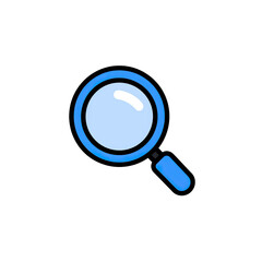 Cartoon-style blue magnifying glass with a bright lens and black handle. Set against black background
