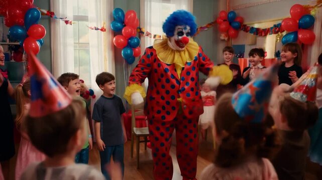 Birthday child clown with balloons bunch on kid's party in garden. Events organizer man is standing dressed as a clow for children