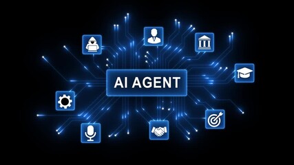 AI Agents ICON animation digital network technology concept with glowing circuit board connections and icons for mobile banking security finance growth and data analysis on black ... - Powered by Adobe