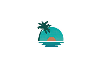 Obraz premium Minimalist tropical sunset scene sun setting, palm tree silhouette above water line