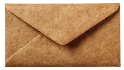 A close-up shot of a closed, rectangular, brown paper envelope on a white background