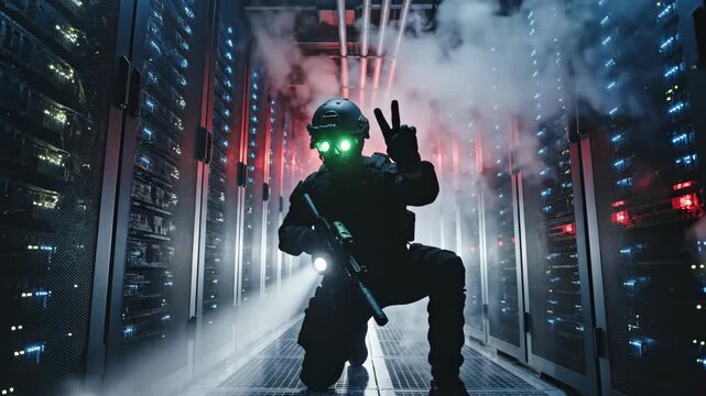 Tactical operative in black gear advances through foggy server room aiming rifle with flashlight beam cutting red emergency lights. Cinematic tracking shot of intense cybersecurity raid footage